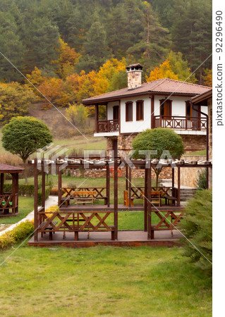 Autumn landscape with trees and houses, Bulgaria 92296490