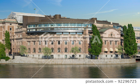 Riksdagshuset, the Swedish Parliament House, located on the island of Helgeandsholmen, Gamla Stan, Stockholm, Sweden Riksdagshuset, the Swedish Parliament House, located on the island of Helgeandsholmen, Gamla Stan, Stockholm, Sweden 92296725