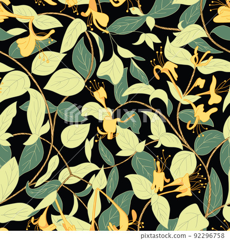 Blooming honeysuckle seamless pattern. Dark background for fashion, wallpapers, print, paper, cover, fabric, interior Blooming honeysuckle seamless pattern. Dark background for fashion, wallpapers, print, paper, cover, fabric, interior 92296758