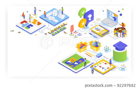 Logical learning games for kids, vector isometric illustration. Online trivia quiz, domino, word search puzzle games. Logical learning games for kids, vector isometric illustration. Online trivia quiz, domino, word search puzzle games. 92297682