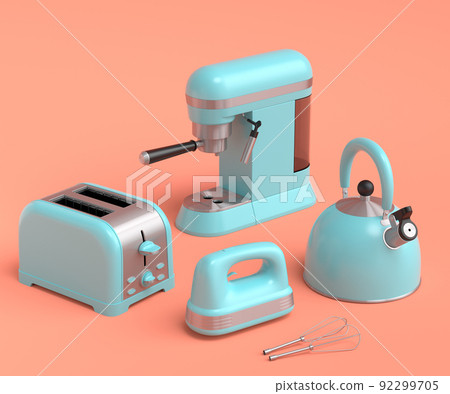 Espresso coffee machine, hand mixer, kettle and toaster on coral background. 92299705