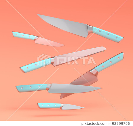 Set of fluing chef's kitchen knives with a wooden handle on coral background. Set of fluing chef's kitchen knives with a wooden handle on coral background. 92299706