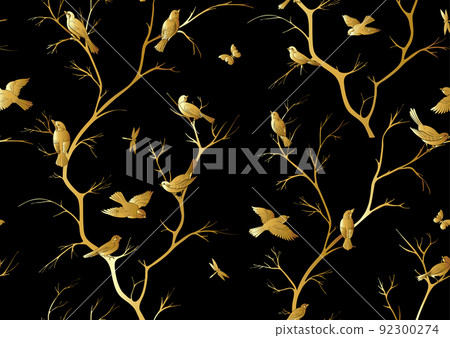 Tree branches against the sky with sparrow, finches, butterflies, dragonflies. 92300274