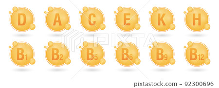 Set of multi vitamin complex icons. Multivitamin supplement. Vitamin A, B group B1, B2, B5, B6, B9, B12, C, D, E, K, H. Essential vitamin complex. Healthy life concept 92300696