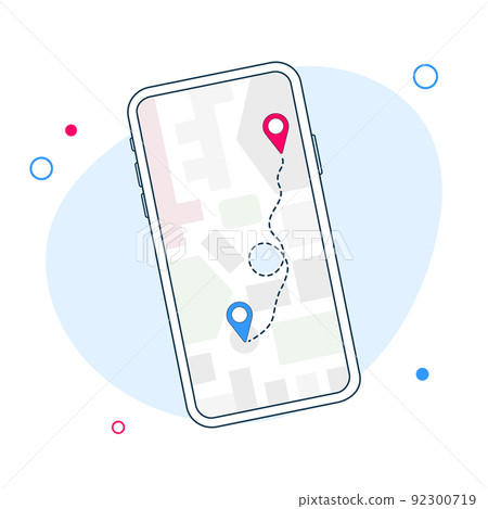 Map GPS navigation. Smartphone map application and red pinpoint on screen. App search map navigation, isolated on line maps background. Vector 92300719