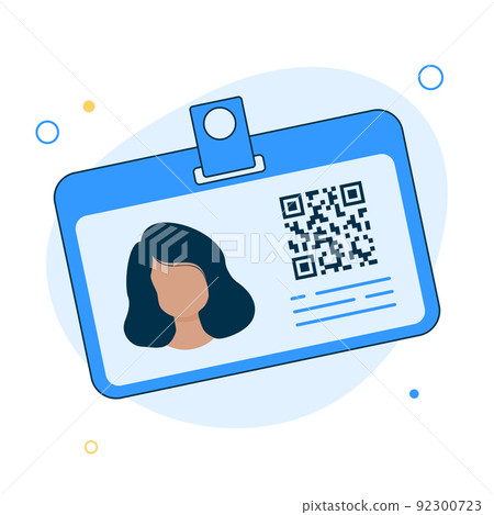 Badge of the woman in cartoon flat style.Identification card for man.ID card with woman photo. Plastic identification card 92300723