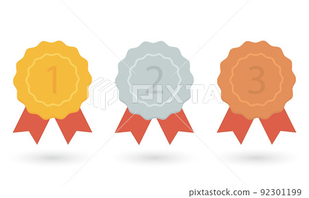 Gold, silver and bronze medals. Champion and winner awards medal set with red ribbon. First place trophy. Vector illustration Gold, silver and bronze medals. Champion and winner awards medal set with red ribbon. First place trophy. Vector illustration 92301199