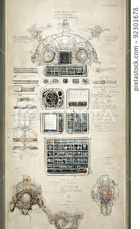A picture of a blueprint of some kind of sci-fi spaceship or computer of the future. Drawing concept with mechanisms and instructions. A picture of a blueprint of some kind of sci-fi spaceship or computer of the future. Drawing concept with mechanisms and instructions. 92301678