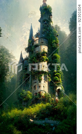 An old abandoned castle in the jungle. Green nature and an ancient castle. 92301804