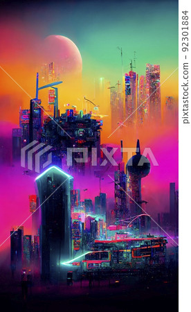 Colorful multicolored bright picture. Painted bright multicolored futuristic city. Abstract colorful background. Colorful multicolored bright picture. Painted bright multicolored futuristic city. Abstract colorful background. 92301884