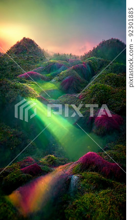 Fabulous abstract colorful landscape of mountains and nature. Mountains during sunrise. A beautiful landscape in the summertime. Fabulous abstract colorful landscape of mountains and nature. Mountains during sunrise. A beautiful landscape in the summertime. 92301885
