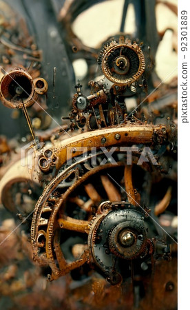 Metal steampunk mechanism of clockwork gears and springs. The concept of the old rusty mechanism. Metal steampunk mechanism of clockwork gears and springs. The concept of the old rusty mechanism. 92301889