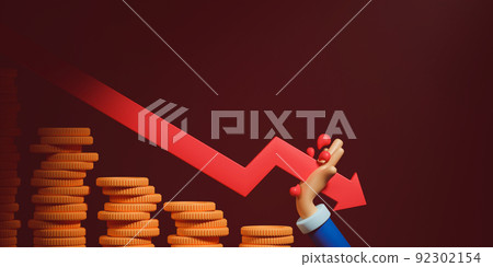 3d rendering concept economic recession. Downtrend arrows above stacks of coins going through businessman hand. 92302154