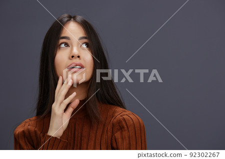 woman brown sweater glamor posing smile fashion isolated background woman brown sweater glamor posing smile fashion isolated background 92302267