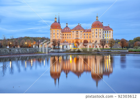 Majestic view of Moritzburg Castle near Dresden. 92303612