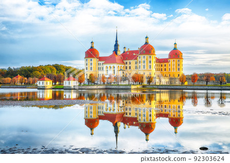 Majestic view of Moritzburg Castle near Dresden. 92303624