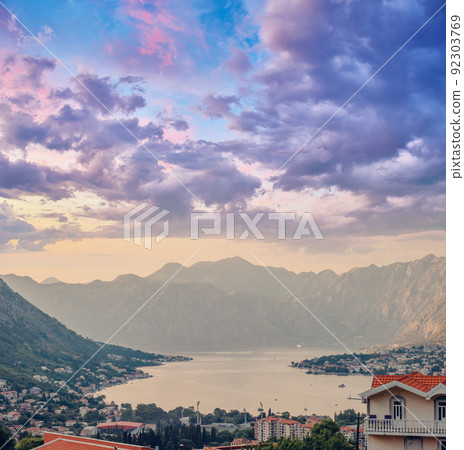 Sunset at Kotor Bay Montenegro. Sunset beautiful landscape. Travel concept. Montenegro, Kotor Bay. View of the sunset in Boko-Kotor Bay in Montenegro. 92303769