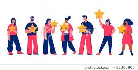 People giving review rating and feedback. Customer choice and employee feedback. Rank rating stars People giving review rating and feedback. Customer choice and employee feedback. Rank rating stars 92303906