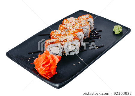 Japanese seafood Sushi roll isolated on white close up. Japanese food restaurant, sushi maki gunkan roll plate or platter set. Maki Sushi rolls with salmon and avocado. Sushi isolated at white Japanese seafood Sushi roll isolated on white close up. Japanese food restaurant, sushi maki gunkan roll plate or platter set. Maki Sushi rolls with salmon and avocado. Sushi isolated at white 92303922