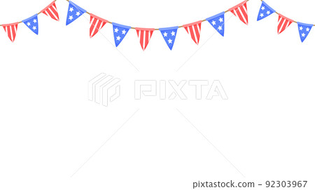 USA flag garland. US patriotic pennants chain. American party bunting decoration. United States flags for celebration. Vector background. 92303967