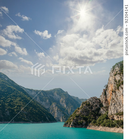 The famous Piva Canyon with its fantastic reservoir. National park Montenegro and Bosnia and Herzegovina, Balkans, Europe. Beauty world. The famous Piva Canyon with its fantastic reservoir. National park Montenegro and Bosnia and Herzegovina, Balkans, Europe. Beauty world. 92304141