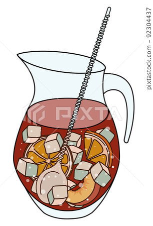 A jug of punch or Spanish red wine fruity sangria cocktail. Doodle cartoon hipster style colored vector illustration. Good for bar restaurant menu ads decoration, poster or card. 92304437