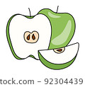 Doodle cartoon whole, half and slice of green apple fruit. For menu, farmers market design, cocktail making process illustration, cookbook decoration etc 92304439