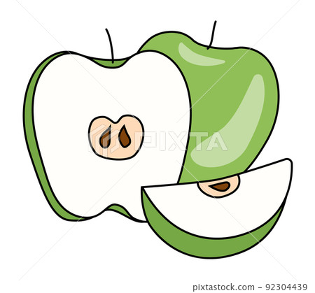 Doodle cartoon whole, half and slice of green apple fruit. For menu, farmers market design, cocktail making process illustration, cookbook decoration etc 92304439