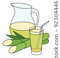 Doodle cartoon style green yellow sugarcane juice in a jug. Refreshing healthy natural drink, cocktail ingredient. For card, stickers, posters, bar menu or cook book recipe. 92304446