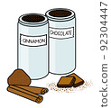 Doodle cartoon cinnamon sticks, chocolate powder. Spicy coffee dressing in a metallic jar. For menu, farmers market design, cookbook decoration, stickers etc 92304447