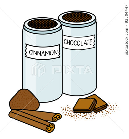 Doodle cartoon cinnamon sticks, chocolate powder. Spicy coffee dressing in a metallic jar. For menu, farmers market design, cookbook decoration, stickers etc Doodle cartoon cinnamon sticks, chocolate powder. Spicy coffee dressing in a metallic jar. For menu, farmers market design, cookbook decoration, stickers etc 92304447