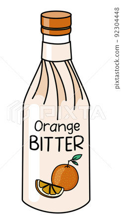 Doodle cartoon classic aromatic orange bitter cocktail ingredient in a bottle covered with paper. For bar cocktail cookbook decoration, stickers etc Doodle cartoon classic aromatic orange bitter cocktail ingredient in a bottle covered with paper. For bar cocktail cookbook decoration, stickers etc 92304448