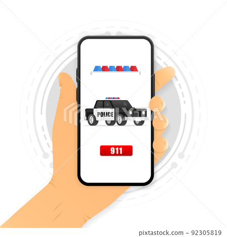 Police car isolated on screen device. Calling in police. Vector illustration. Police car isolated on screen device. Calling in police. Vector illustration. 92305819