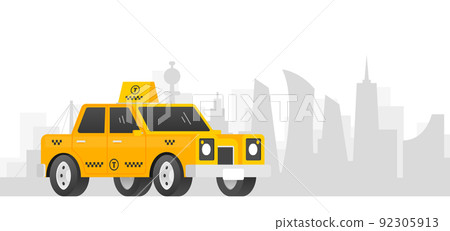 Taxi car isolated on city background. Taxi service. Vector illustration. Taxi car isolated on city background. Taxi service. Vector illustration. 92305913