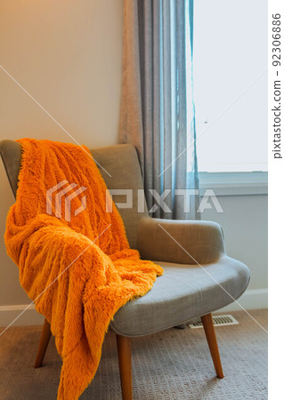 Giant orange Plaid Blanket Woolen Knitted on White Stool Chair Home Scandinavian Style Giant orange Plaid Blanket Woolen Knitted on White Stool Chair Home Scandinavian Style 92306886