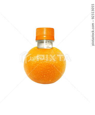 Bottle orange juice on Orange fruit. Flat lay. Food concept Bottle orange juice on Orange fruit. Flat lay. Food concept 92313055
