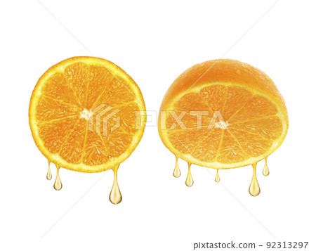 drops of juice falling from orange half isolated on white background drops of juice falling from orange half isolated on white background 92313297