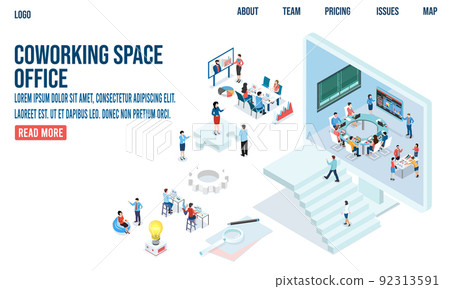 3D isometric Coworking space concept with people working or study on laptops in co-working area for business startup, freelancers, shared workplace. Vector illustration eps10 92313591