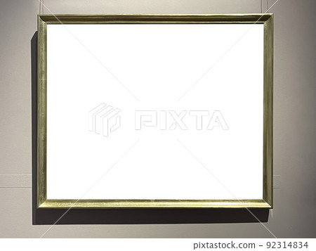 Antique wooden art fair gallery frame on the wall at auction house or museum exhibition, blank template with empty white copyspace for mockup design, artwork concept 92314834