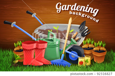 Colorful Gardening Background With Farm Tools 92316827