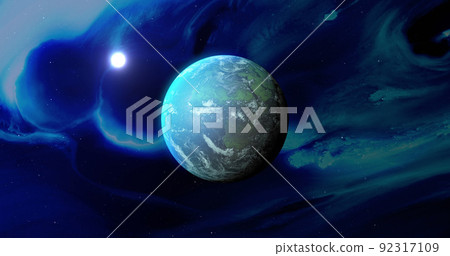 Image of blue planet and moon in blue space Image of blue planet and moon in blue space 92317109