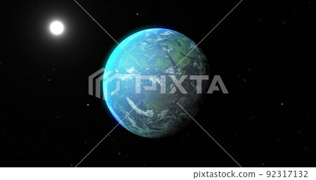 Image of blue planet and sun in black space Image of blue planet and sun in black space 92317132