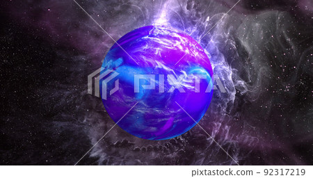 Image of blue planet in violet galaxy Image of blue planet in violet galaxy 92317219