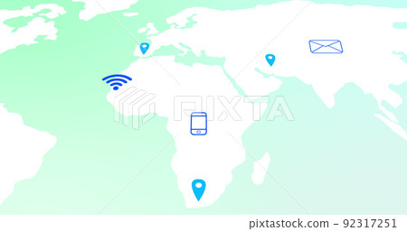 Image of world map with location marks and tech icons on green background Image of world map with location marks and tech icons on green background 92317251
