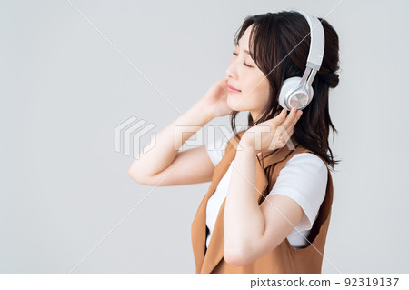Women's headphones music music lifestyle white background 92319137