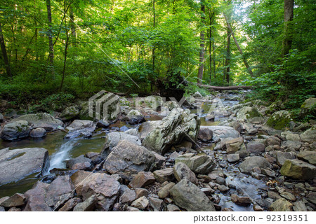 Closeup of gray boulders by an idyllic woodland stream long exposure 92319351