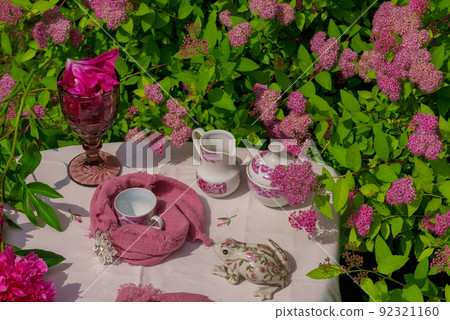 Morning tea on a table in the garden against the backdrop of a flowering shrub Japanese spirea Morning tea on a table in the garden against the backdrop of a flowering shrub Japanese spirea 92321160