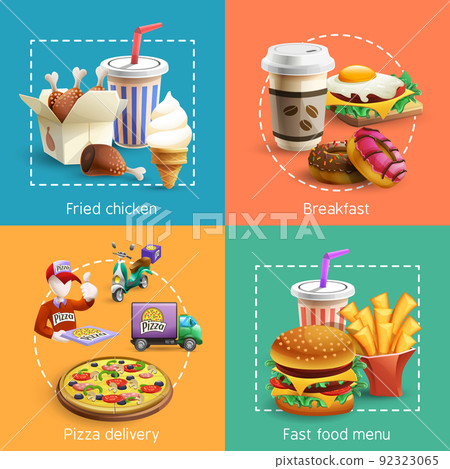 Fastfood 4 Cartoon Icons Square Composition 92323065