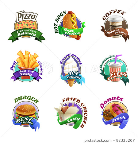 Fastfood Cartoon Colorful Emblems Set Fastfood Cartoon Colorful Emblems Set 92323207