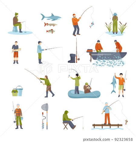 Fishing People Fish And Tools Icons Set 92323658